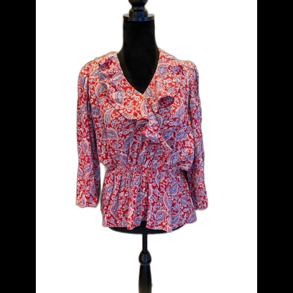 Chaps Blouse Womens Top Size Small Petite Red Paisley Peasant Elastic Waist - Picture 1 of 12